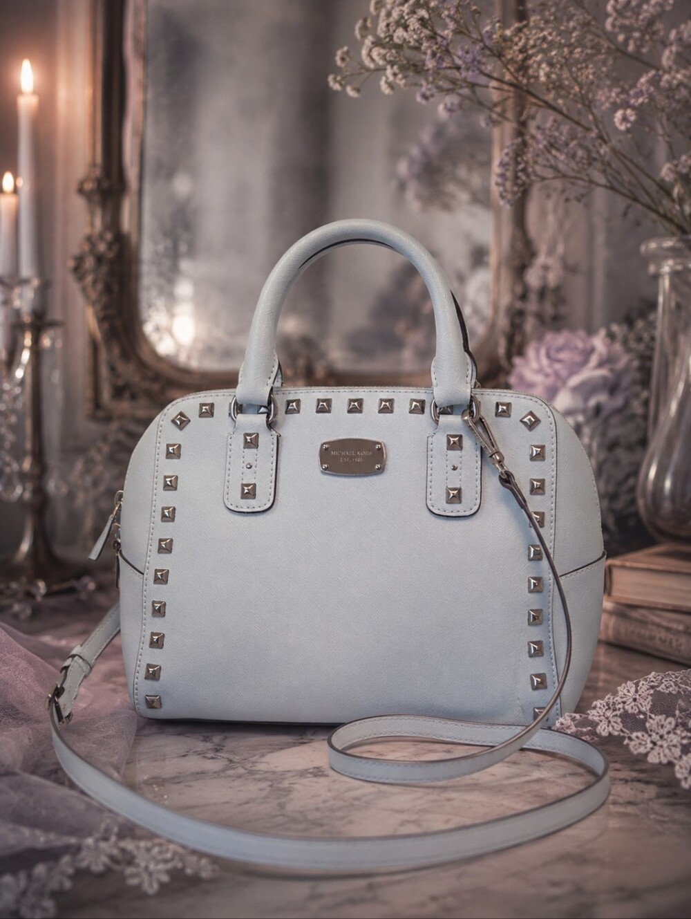 Michael Kors Studded Saffiano Leather Satchel Crossbody Light Blue Gunmetal
